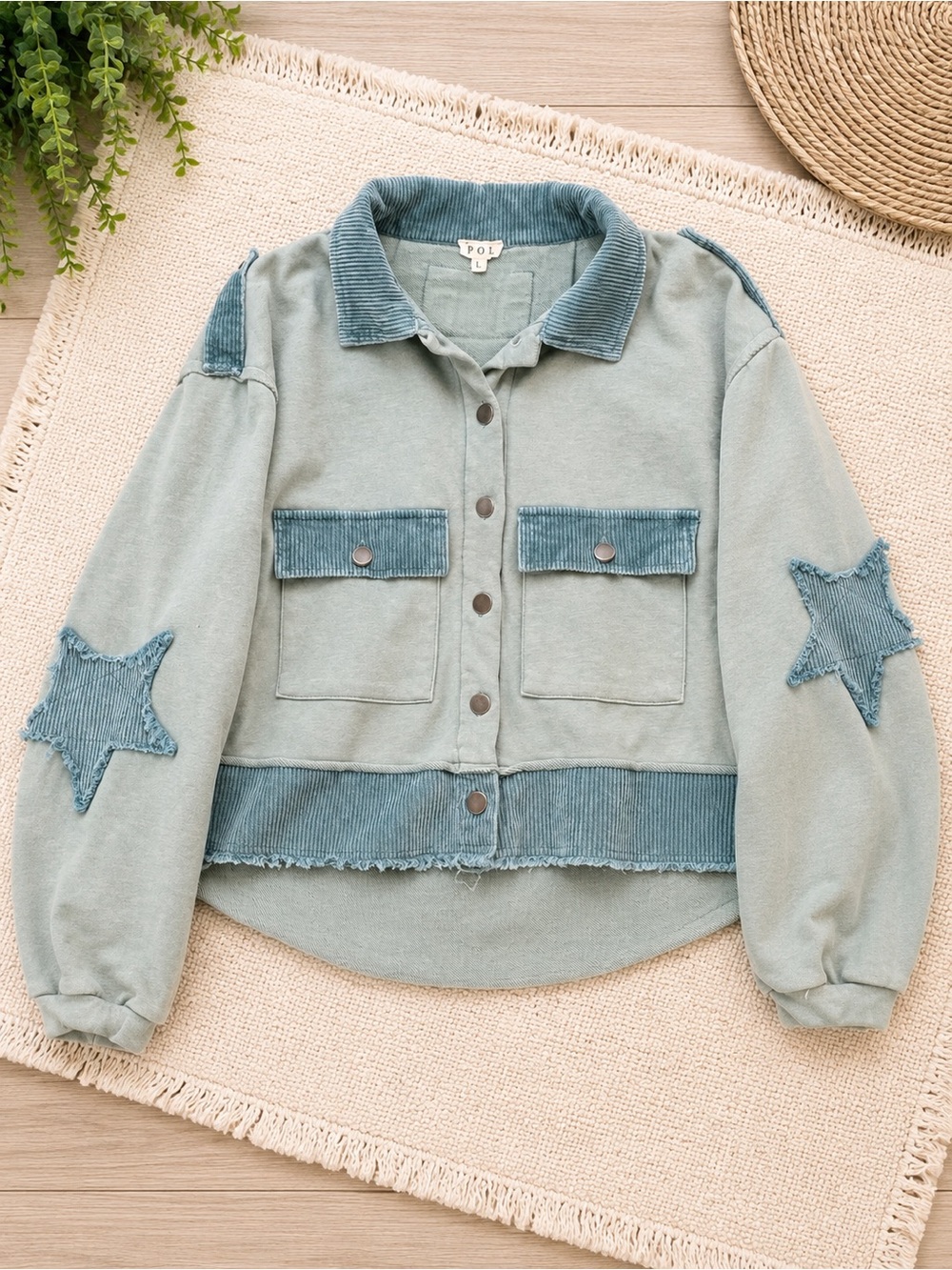 POL Sage Green Star Patch Jacket Women’s Large Corduroy Detail Shacket